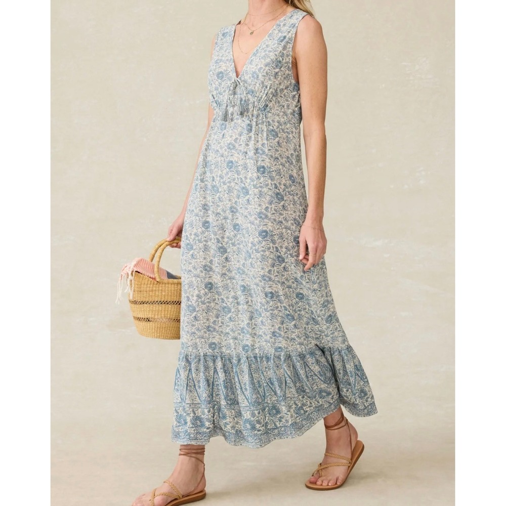 Faherty Eden Floral Print Ruffle Hem‎ Sleeveless Maxi Dress Crinkle Blue White